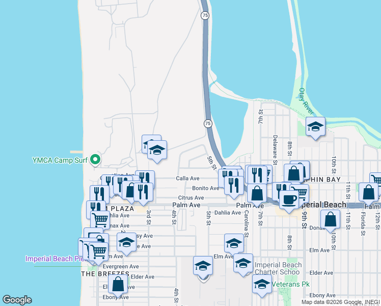 map of restaurants, bars, coffee shops, grocery stores, and more near 401 Cherry Avenue in Imperial Beach