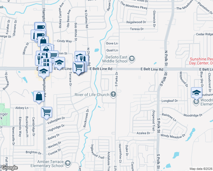 map of restaurants, bars, coffee shops, grocery stores, and more near 518 Highlands Dr in DeSoto