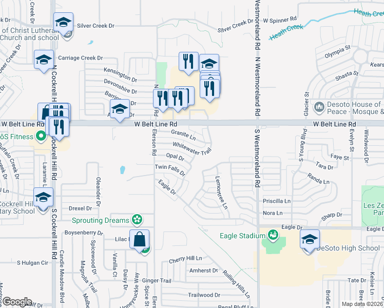 map of restaurants, bars, coffee shops, grocery stores, and more near 1004 Whitewater Trail in DeSoto