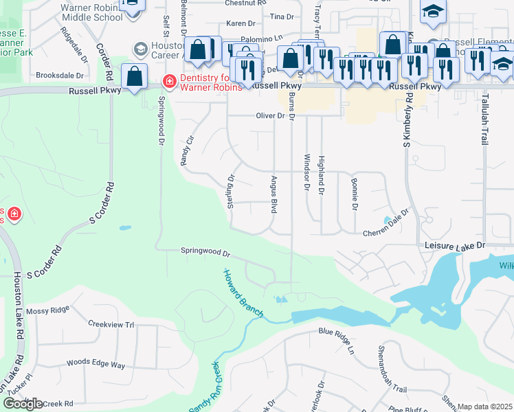 map of restaurants, bars, coffee shops, grocery stores, and more near 100 Monica Court in Warner Robins