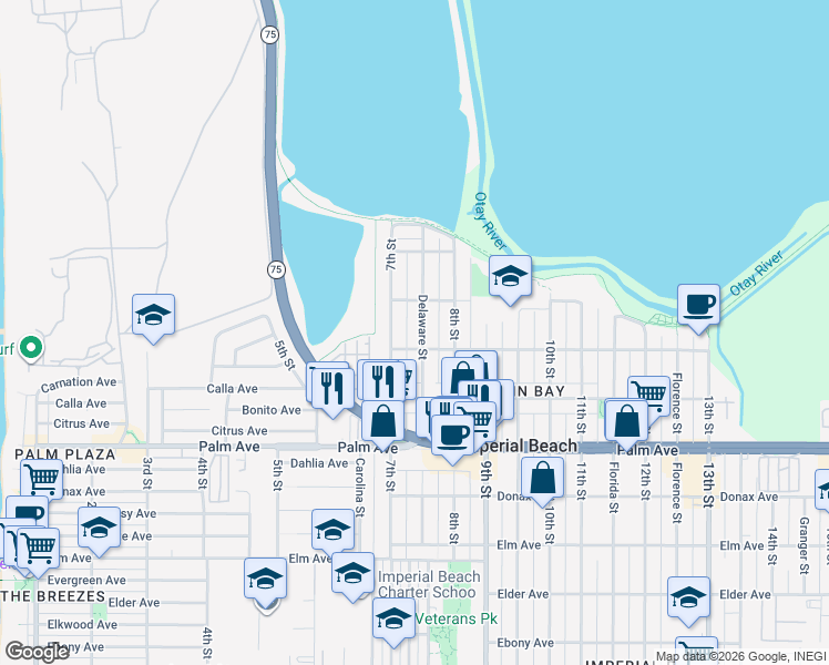 map of restaurants, bars, coffee shops, grocery stores, and more near 530-32 Delaware Street in Imperial Beach