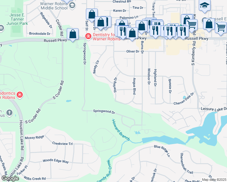 map of restaurants, bars, coffee shops, grocery stores, and more near 318 Sterling Drive in Warner Robins