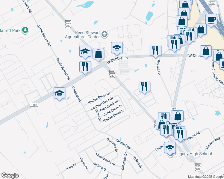 map of restaurants, bars, coffee shops, grocery stores, and more near 1100 Hidden Glade Drive in Mansfield