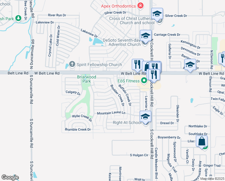 map of restaurants, bars, coffee shops, grocery stores, and more near 123 Boulder Creek Drive in DeSoto