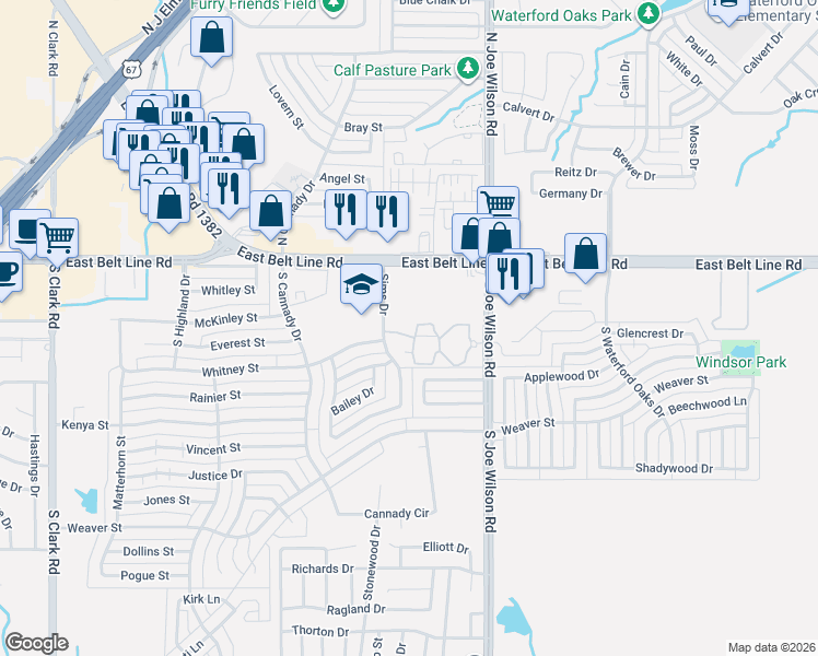 map of restaurants, bars, coffee shops, grocery stores, and more near 201 South Joe Wilson Road in Cedar Hill