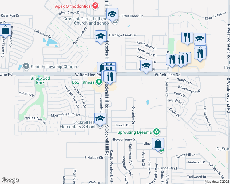 map of restaurants, bars, coffee shops, grocery stores, and more near 130 S Cockrell Hill Rd in DeSoto