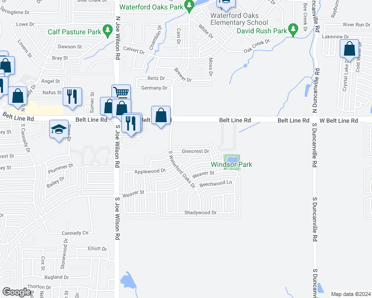 map of restaurants, bars, coffee shops, grocery stores, and more near 1029 Glencrest Drive in Cedar Hill
