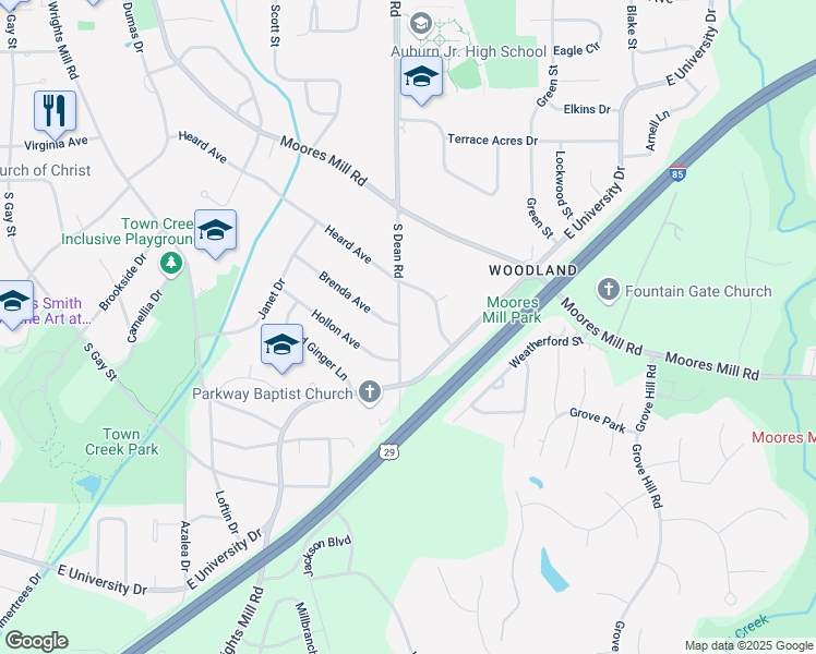map of restaurants, bars, coffee shops, grocery stores, and more near 901 South Dean Road in Auburn