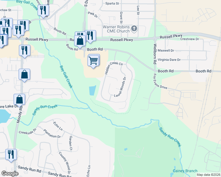 map of restaurants, bars, coffee shops, grocery stores, and more near 117 Laurel Woods Drive in Warner Robins