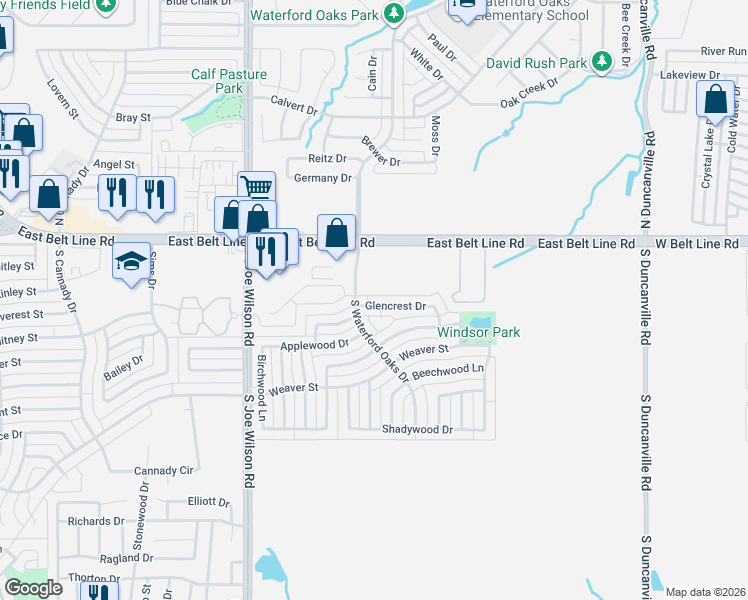 map of restaurants, bars, coffee shops, grocery stores, and more near 1029 Glencrest Drive in Cedar Hill