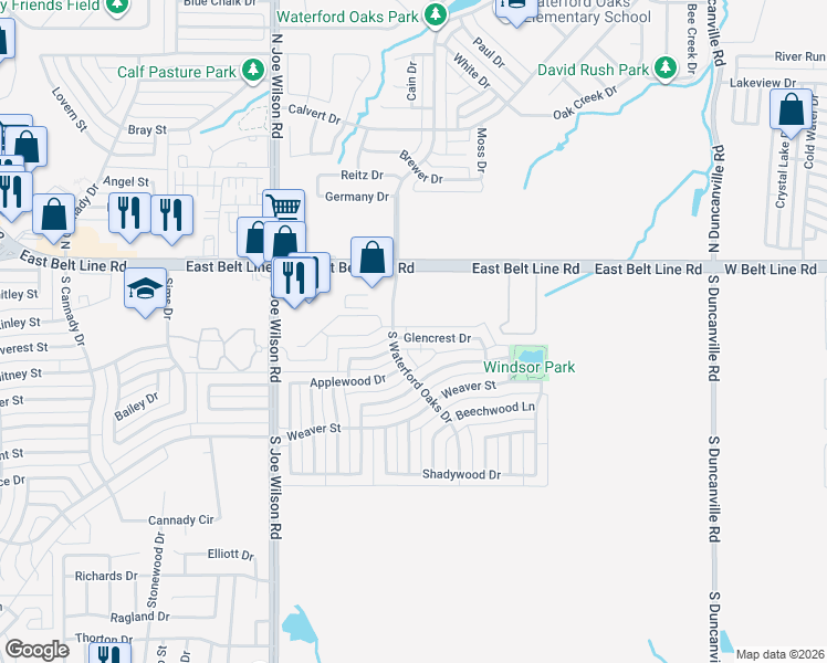 map of restaurants, bars, coffee shops, grocery stores, and more near 1029 Glencrest Drive in Cedar Hill