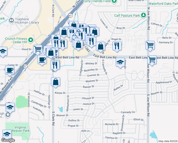 map of restaurants, bars, coffee shops, grocery stores, and more near 442 Everest Street in Cedar Hill