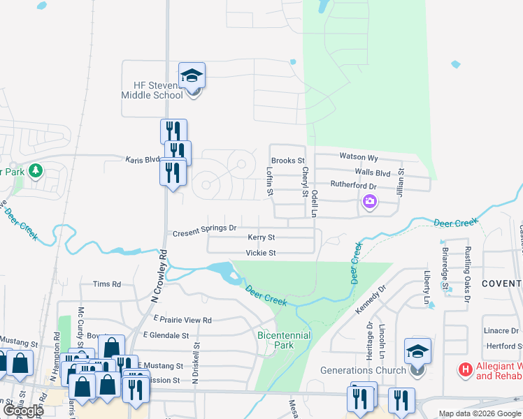 map of restaurants, bars, coffee shops, grocery stores, and more near 713 Allen Court in Crowley