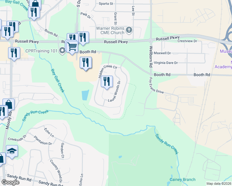 map of restaurants, bars, coffee shops, grocery stores, and more near 206 Hidden Creek Circle in Warner Robins