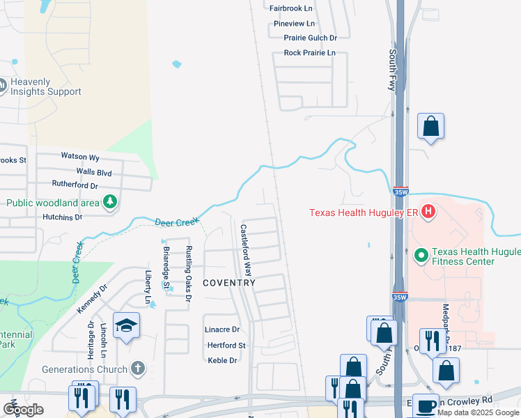 map of restaurants, bars, coffee shops, grocery stores, and more near 401 Bishopgate Court in Crowley
