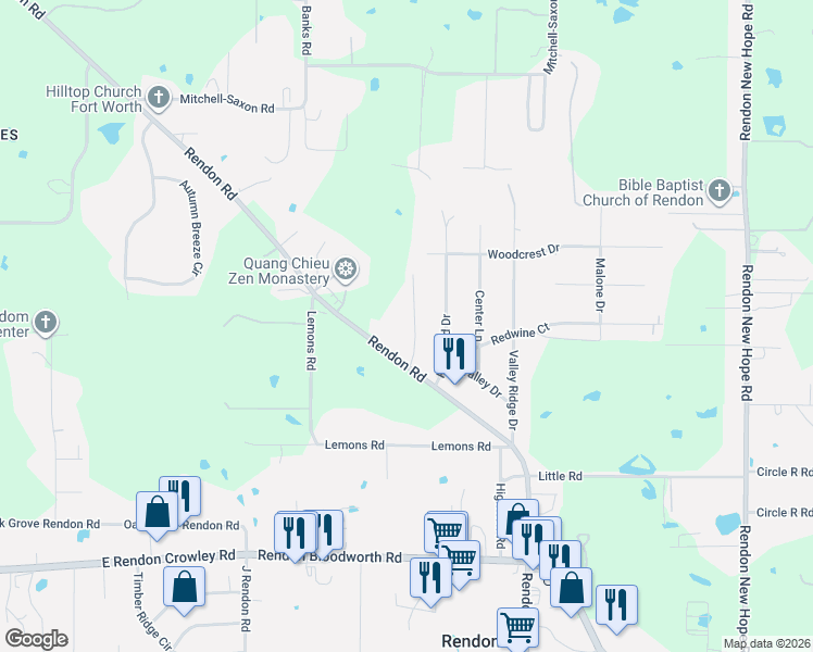 map of restaurants, bars, coffee shops, grocery stores, and more near 5355 Rendon Road in Fort Worth