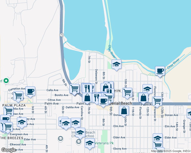 map of restaurants, bars, coffee shops, grocery stores, and more near 526 Delaware Street in Imperial Beach