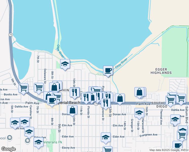 map of restaurants, bars, coffee shops, grocery stores, and more near 525 12th Street in Imperial Beach