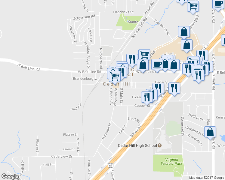 map of restaurants, bars, coffee shops, grocery stores, and more near 301 South Broad Street in Cedar Hill