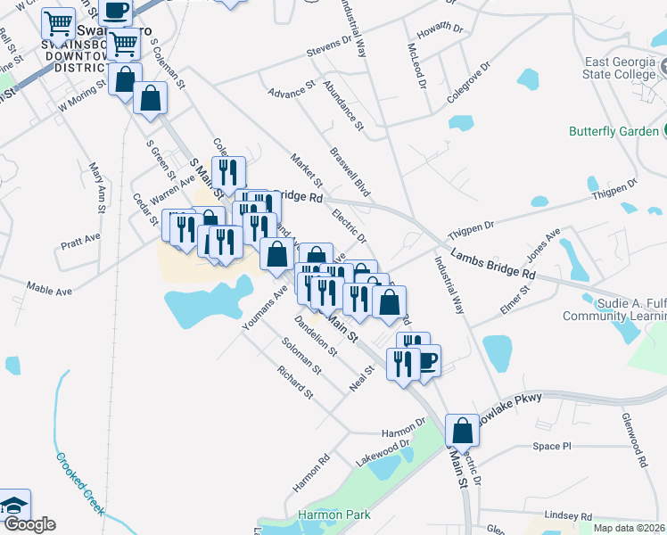 map of restaurants, bars, coffee shops, grocery stores, and more near 118 Pierce Avenue in Swainsboro