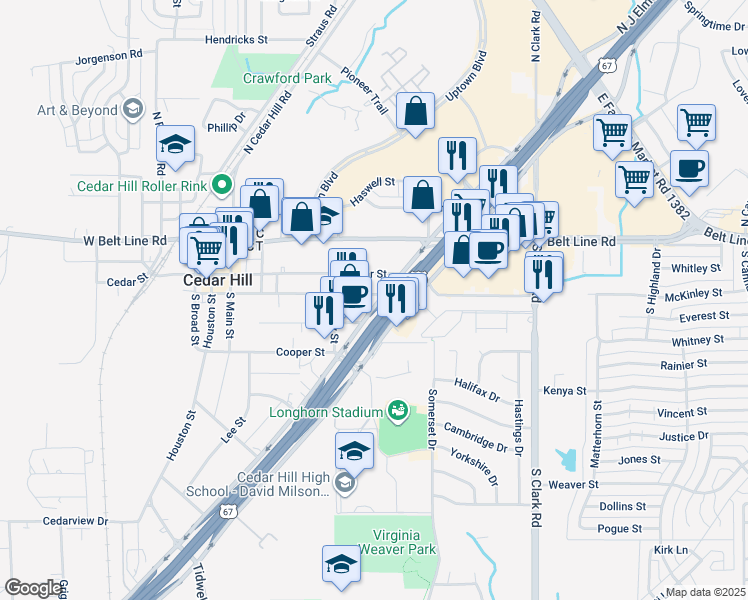 map of restaurants, bars, coffee shops, grocery stores, and more near 216 Texas Street in Cedar Hill