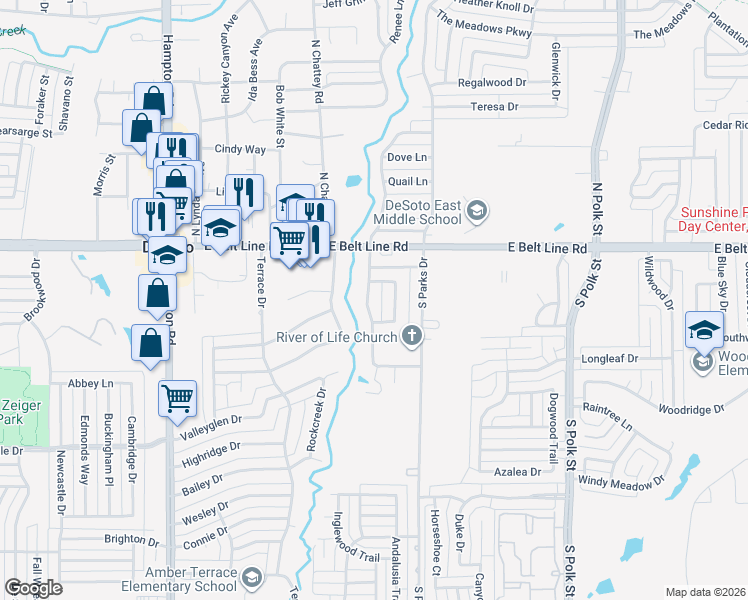map of restaurants, bars, coffee shops, grocery stores, and more near 518 Highlands Drive in DeSoto