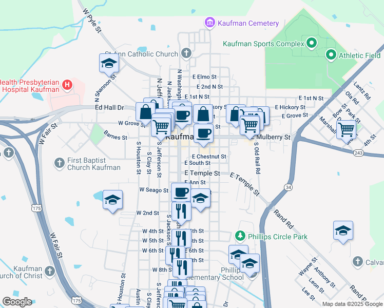map of restaurants, bars, coffee shops, grocery stores, and more near 300 East Chestnut Street in Kaufman