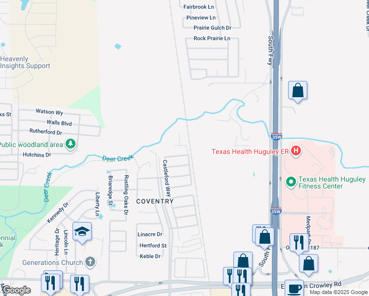 map of restaurants, bars, coffee shops, grocery stores, and more near 401 Bishopgate Court in Crowley