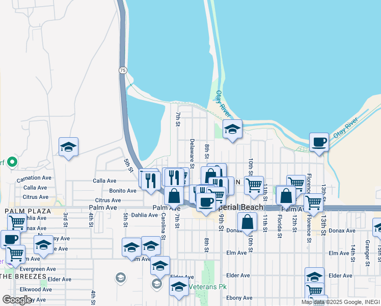 map of restaurants, bars, coffee shops, grocery stores, and more near 536 Delaware Street in Imperial Beach
