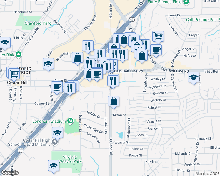 map of restaurants, bars, coffee shops, grocery stores, and more near 140 South Clark Road in Cedar Hill