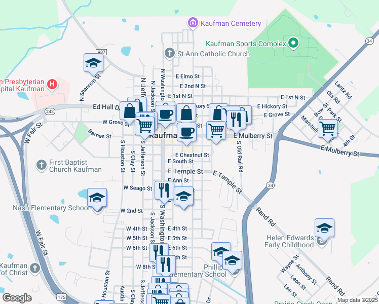 map of restaurants, bars, coffee shops, grocery stores, and more near 300 East Chestnut Street in Kaufman