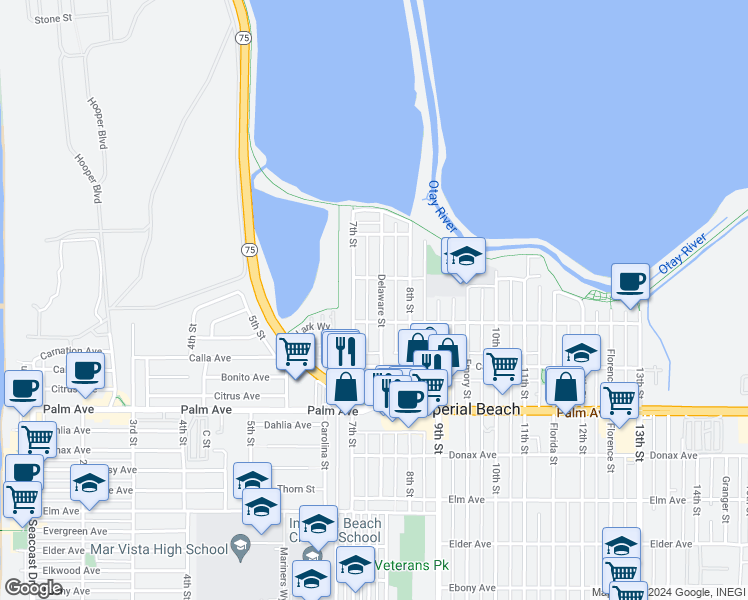 map of restaurants, bars, coffee shops, grocery stores, and more near 520 Delaware Street in Imperial Beach