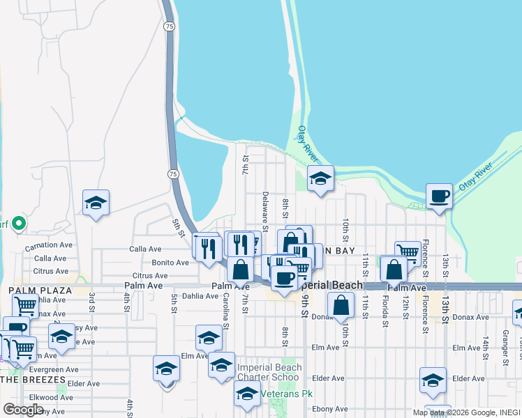 map of restaurants, bars, coffee shops, grocery stores, and more near 520 Delaware Street in Imperial Beach