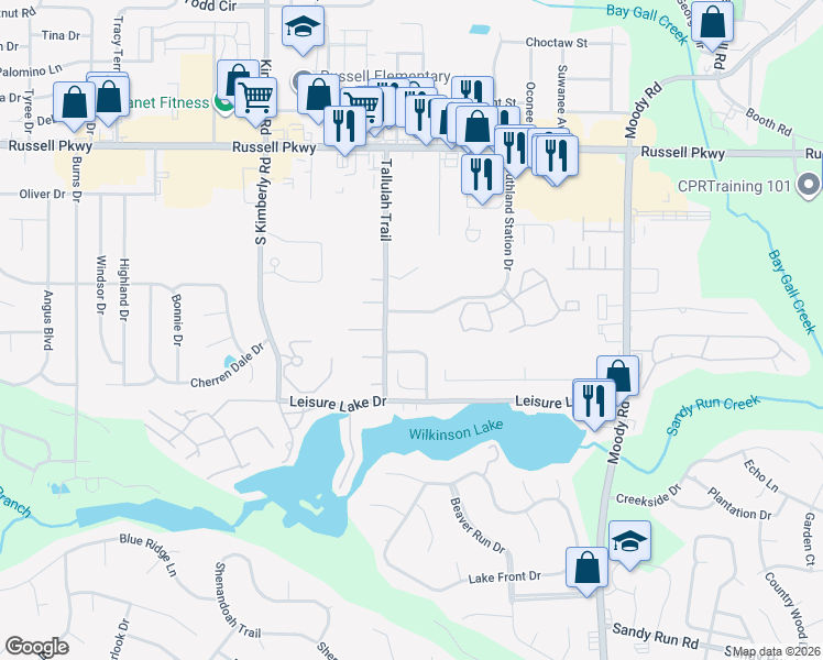 map of restaurants, bars, coffee shops, grocery stores, and more near 132 Lake Pointe Drive in Warner Robins