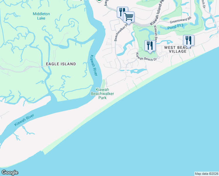 map of restaurants, bars, coffee shops, grocery stores, and more near 8 Beachwalker Drive in Kiawah Island