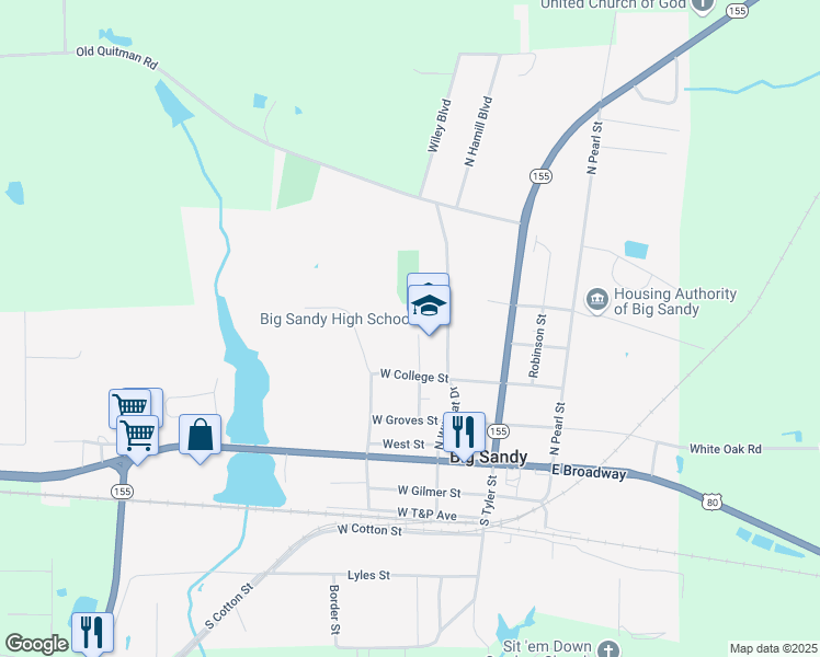 map of restaurants, bars, coffee shops, grocery stores, and more near 401 North Wildcat Drive in Big Sandy