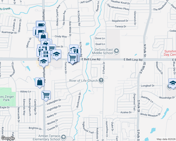 map of restaurants, bars, coffee shops, grocery stores, and more near 213 Roaring Springs Drive in DeSoto