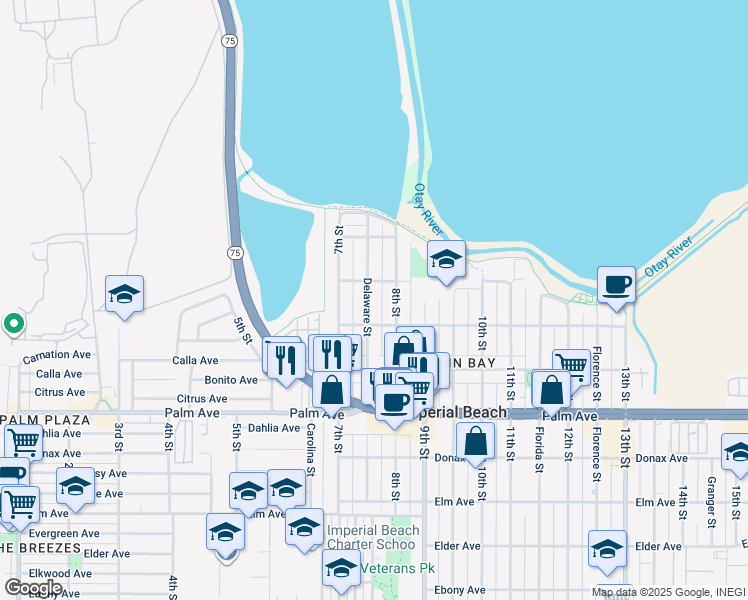 map of restaurants, bars, coffee shops, grocery stores, and more near 536 Delaware Street in Imperial Beach