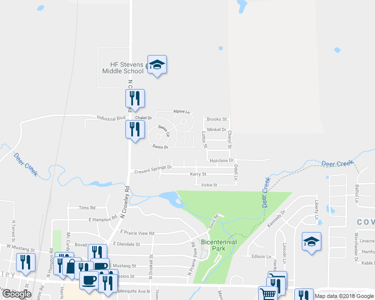map of restaurants, bars, coffee shops, grocery stores, and more near 424 Swiss Drive in Crowley