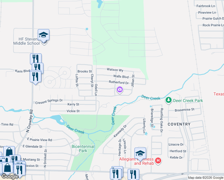 map of restaurants, bars, coffee shops, grocery stores, and more near 745 Hutchins Drive in Crowley