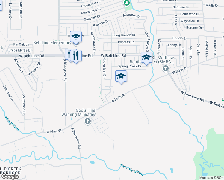 map of restaurants, bars, coffee shops, grocery stores, and more near 128 Pecan Grove in Lancaster