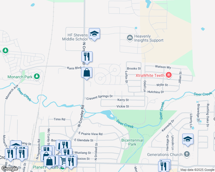 map of restaurants, bars, coffee shops, grocery stores, and more near 344 Swiss Drive in Crowley