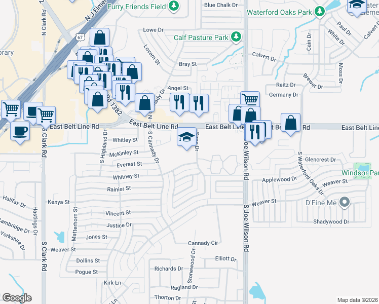 map of restaurants, bars, coffee shops, grocery stores, and more near 131 Sims Drive in Cedar Hill