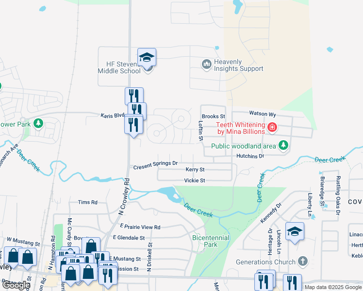 map of restaurants, bars, coffee shops, grocery stores, and more near 712 Collett Court in Crowley