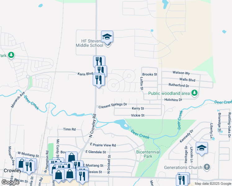 map of restaurants, bars, coffee shops, grocery stores, and more near 324 Swiss Drive in Crowley