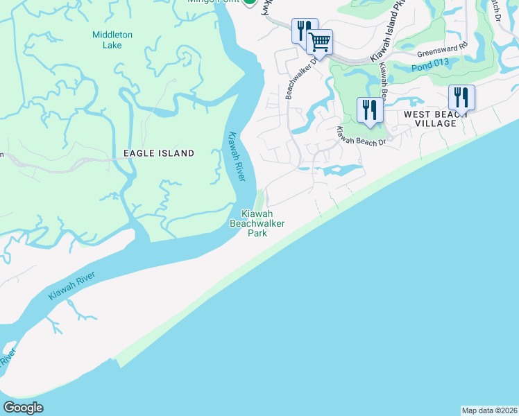 map of restaurants, bars, coffee shops, grocery stores, and more near 8 Beachwalker Drive in Kiawah Island