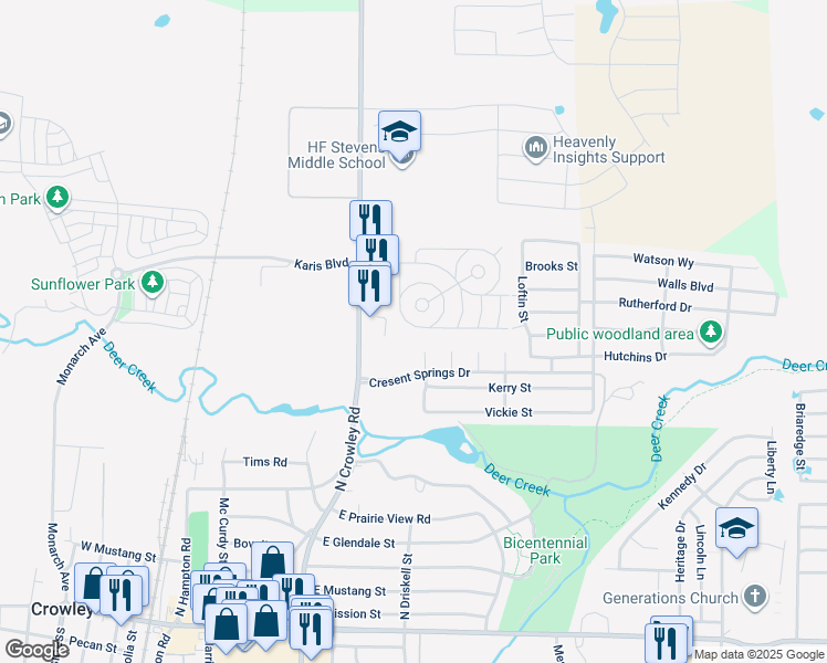 map of restaurants, bars, coffee shops, grocery stores, and more near 713 Jetton Court in Crowley