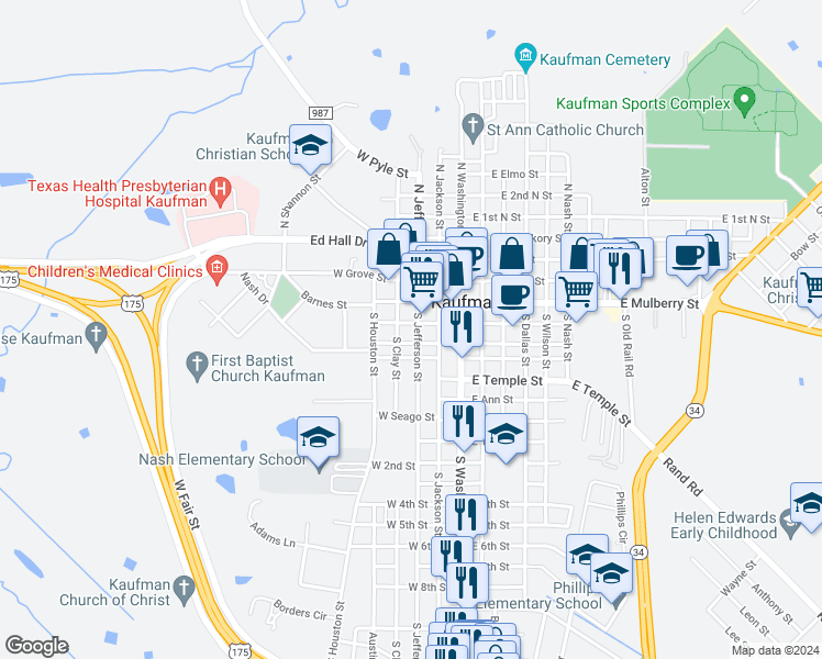 map of restaurants, bars, coffee shops, grocery stores, and more near 202 South Jefferson Street in Kaufman