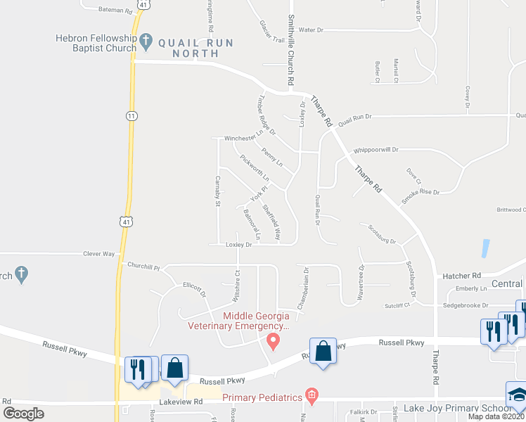 map of restaurants, bars, coffee shops, grocery stores, and more near 208 Sheffield Way in Warner Robins