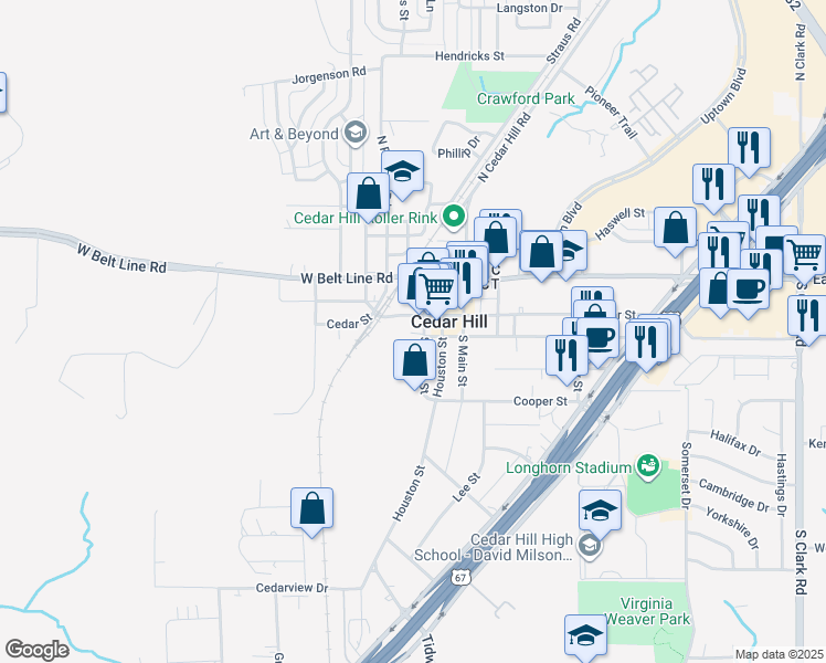 map of restaurants, bars, coffee shops, grocery stores, and more near 210 South Broad Street in Cedar Hill